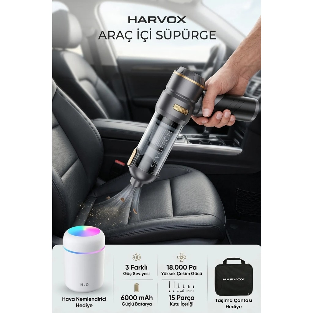 Harvox 18000PA Güçlü Vakum Araç Süpürgesi Taşınabilir Çantalı 6000MAH Bataryalı Üflemeli Hava Nemlendirici Hediyeli Süpürge - Kahverengi - Siyah Diğer Fiyatı