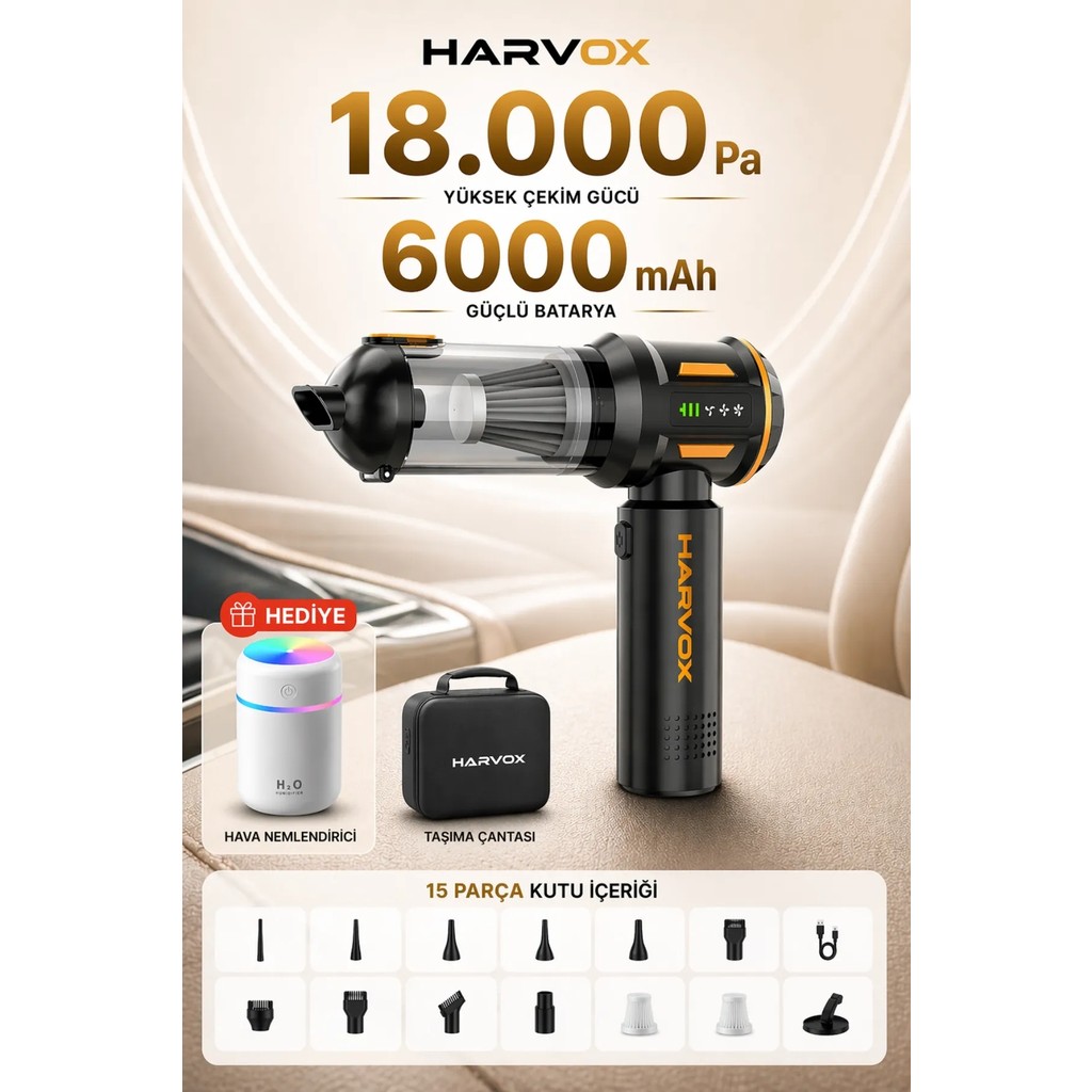 Harvox 18000PA Güçlü Vakum Araç Süpürgesi Taşınabilir Çantalı 6000MAH Bataryalı Üflemeli HXVC-003 - Sarı - Siyah Diğer Fiyatı