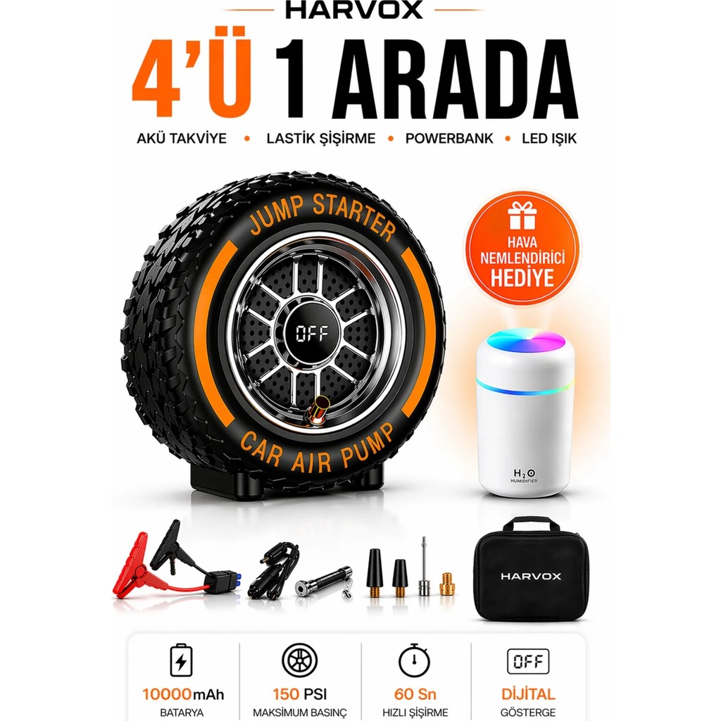Harvox 4'ü 1 Arada Akü Takviye Cihazı 8000 Amper Hava Kompresörü ve Powerbank Özellikli Hava Kompresörü Fiyatı