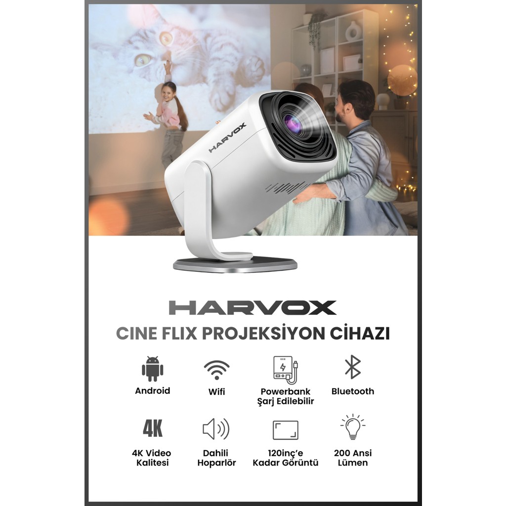 Harvox Cine Flix Projeksiyon Cihazı Taşınabilir 4K Destekli 1080P Android Sistemli Projektör - Beyaz Projeksiyon Fiyatı