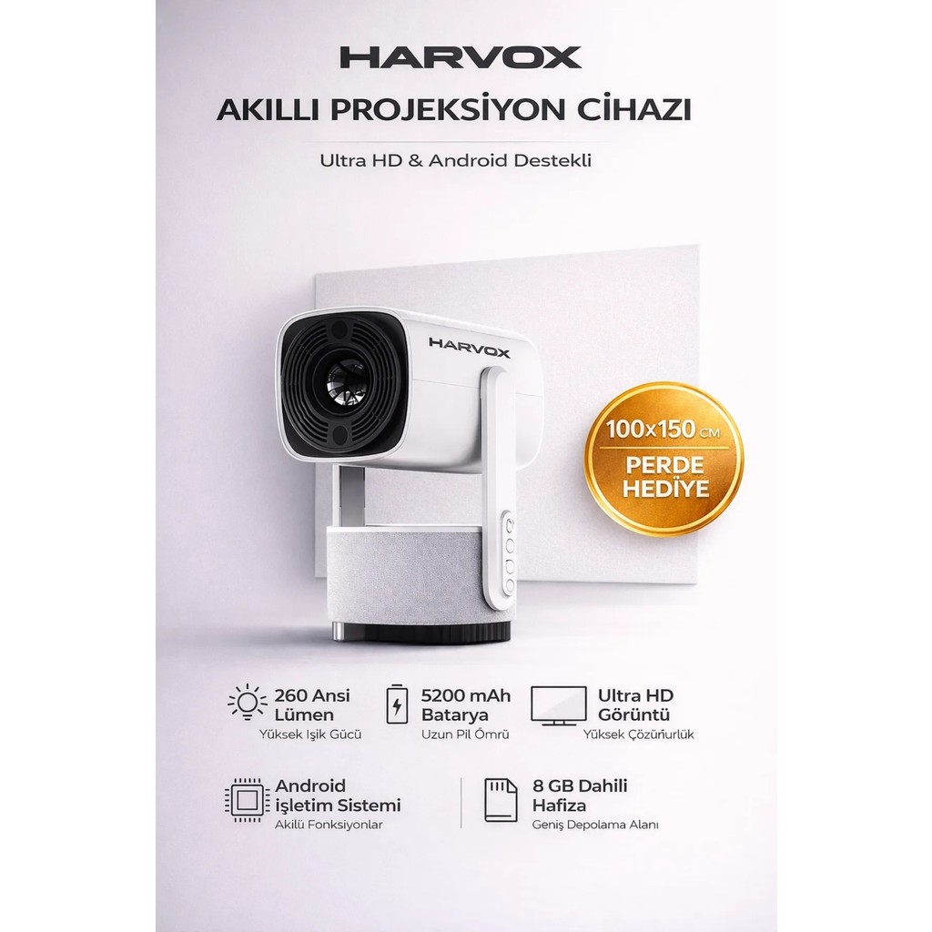 Harvox K2 Bataryalı Projeksiyon Cihazı Taşınabilir 4K Destekli 1080P Android Sistemli Perde Hediyeli Projektör - Beyaz Perde Fiyatı