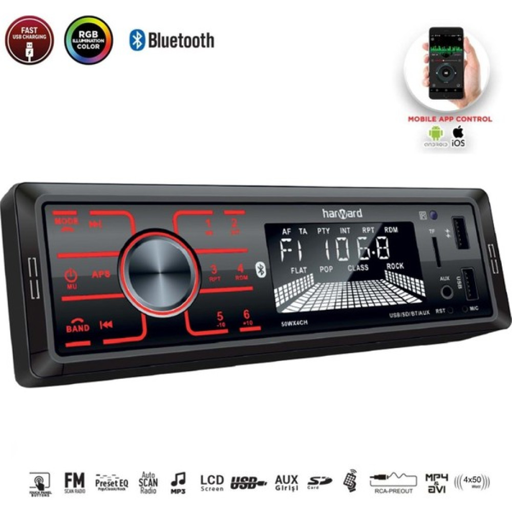 Harward Oto Teyp 4X50W Bt/2xusb/sd/fm/aux Mobil Aplikasyon Harward HR-MX654 Oto Teypleri Fiyatı