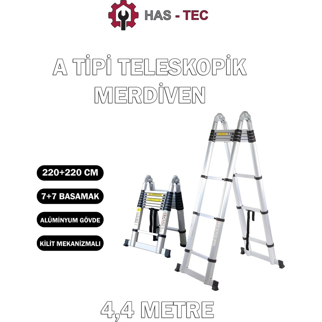 HAS - TEC 4,4 Metre 7+7 Basamaklı A Tipi Uzayan Alüminyum Teleskopik Merdiven Diğer Fiyatı
