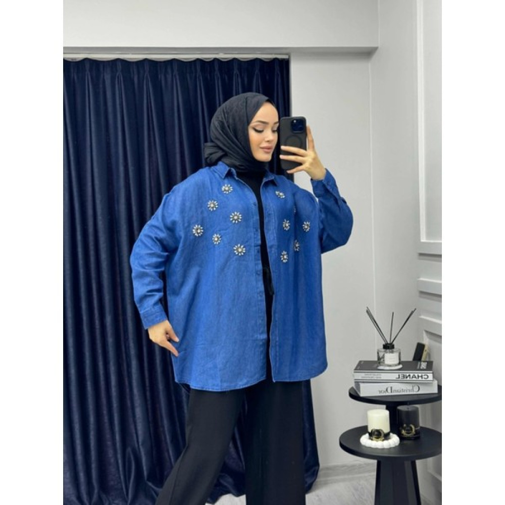 Hasenna G0013 Işlemeli Ince Kot Oversize Düğmeli Gömlek Kadın Gömlek Fiyatı