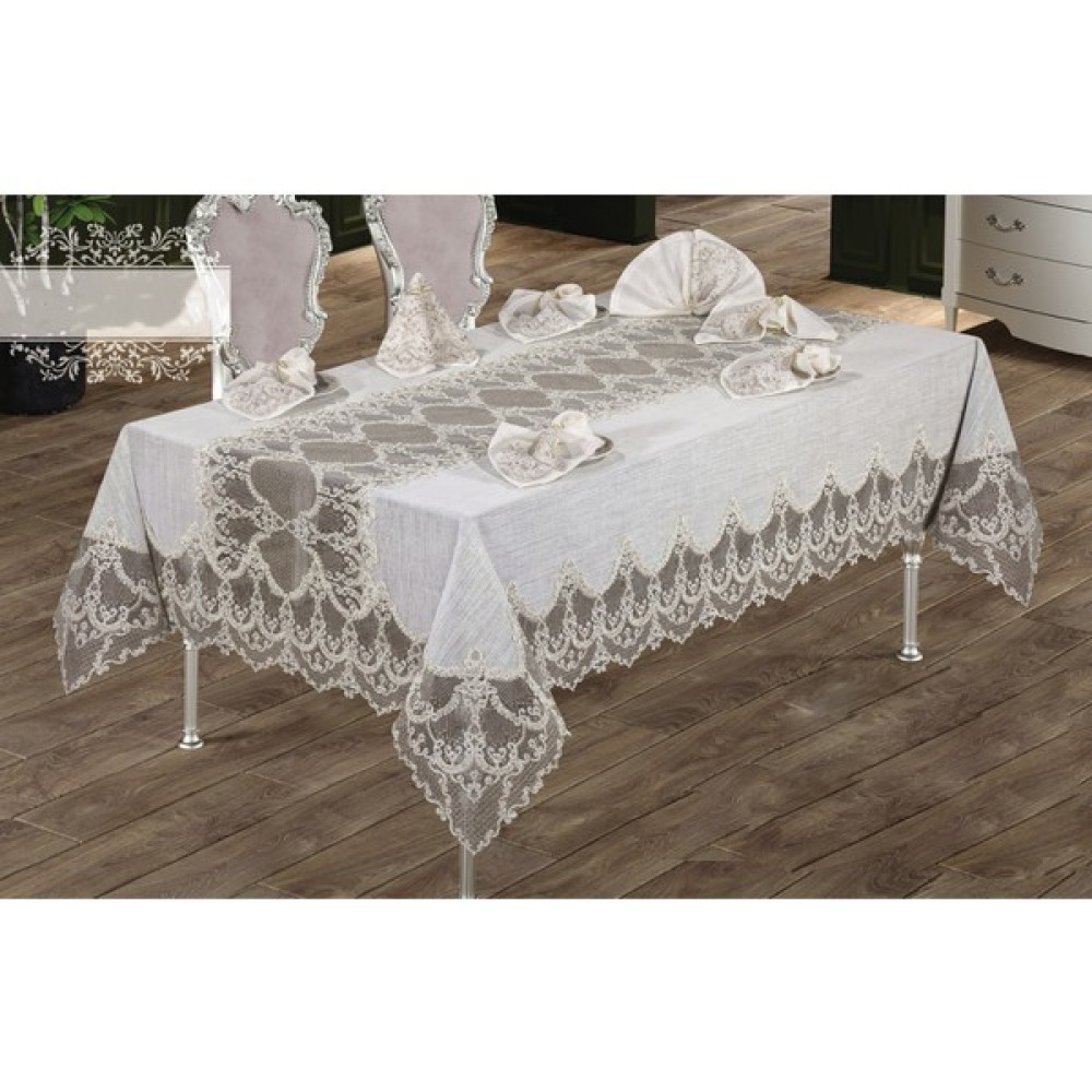 Haspen Saliha Set 12 Peçeteli Kadife Kumaş Fransız Güpürlü 25 Parça Lüks Yemek Takımı - Krem - 160 x 220 cm Masa Örtüsü Fiyatı