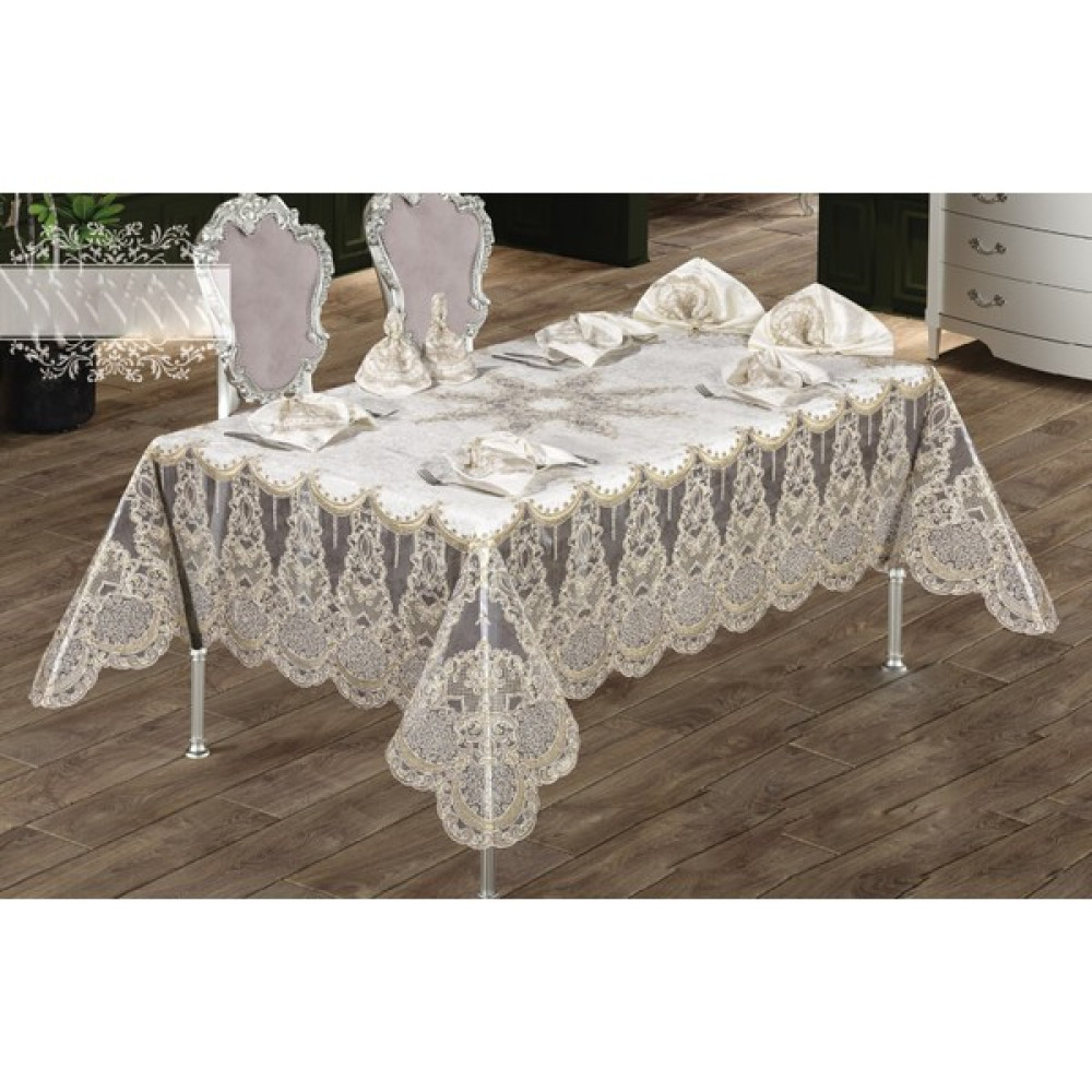 Haspen Zelal Set 12 Peçeteli Kadife Kumaş Fransız Güpürlü 25 Parça Lüks Çeyizlik & Günlük Yemek Takımı - Krem - 160 x 220 cm Masa Örtüsü Fiyatı