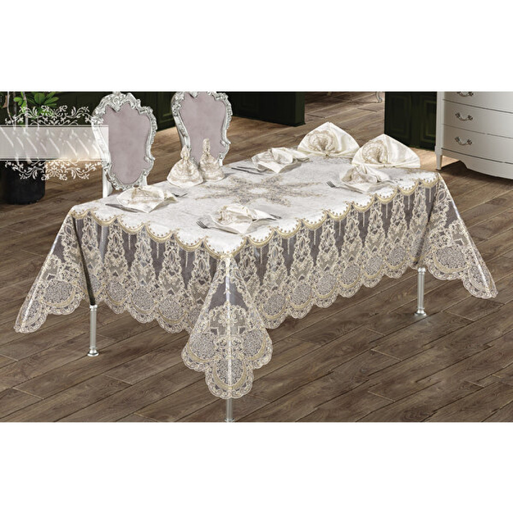 Haspen Zelal Set 12 Peçeteli Kadife Kumaş Fransız Güpürlü 25 Parça Lüks Çeyizlik & Günlük Yemek Takımı - Krem - 180 x 350 cm Masa Örtüsü Fiyatı