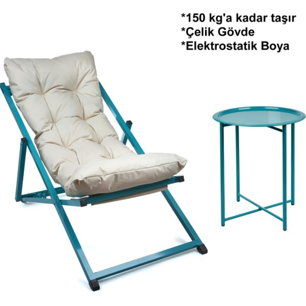 Hastunç Minderli - Bora Şezlong Seti Bahçe&balkon&teras&plaj Katlanır Set -1 Şezlong 1 Sehpa - Turkuaz Şezlong Fiyatı