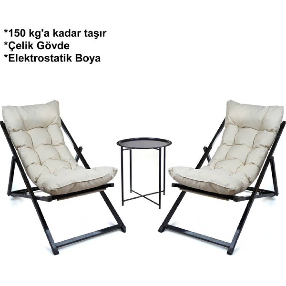 Hastunç Minderli - Cora Şezlong Seti Bahçe&balkon&teras&plaj Katlanır Ikili Set - 2 Şezlong 1 Sehpa - Siyah Şezlong Fiyatı