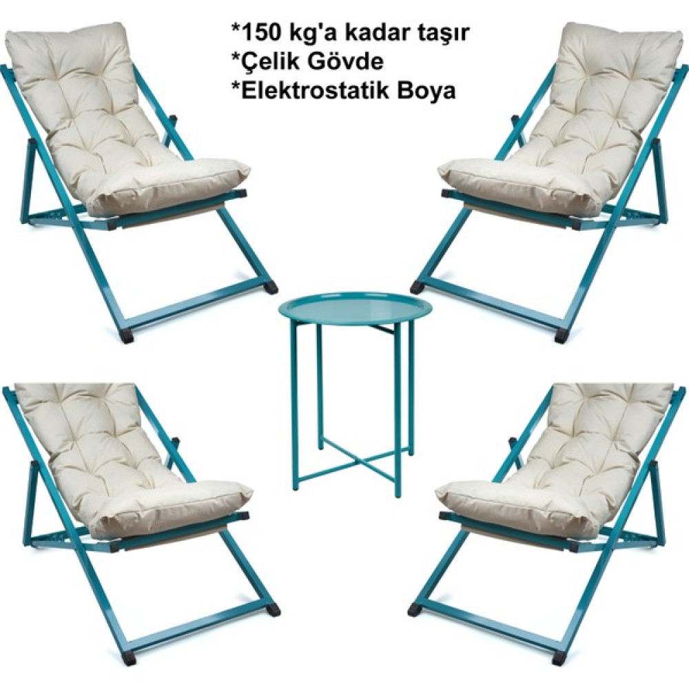 Hastunç Minderli - Mora Şezlong Seti Bahçe&balkon&teras&plaj Katlanır Ikili Set - 4 Şezlong 1 Sehpa - Turkuaz Şezlong Fiyatı