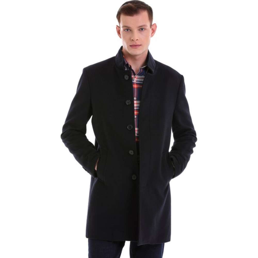 Hatem Saykı Lacivert Slim Fit Hakim Yaka Yünlü Kaşe Kaban Erkek Mont Fiyatı