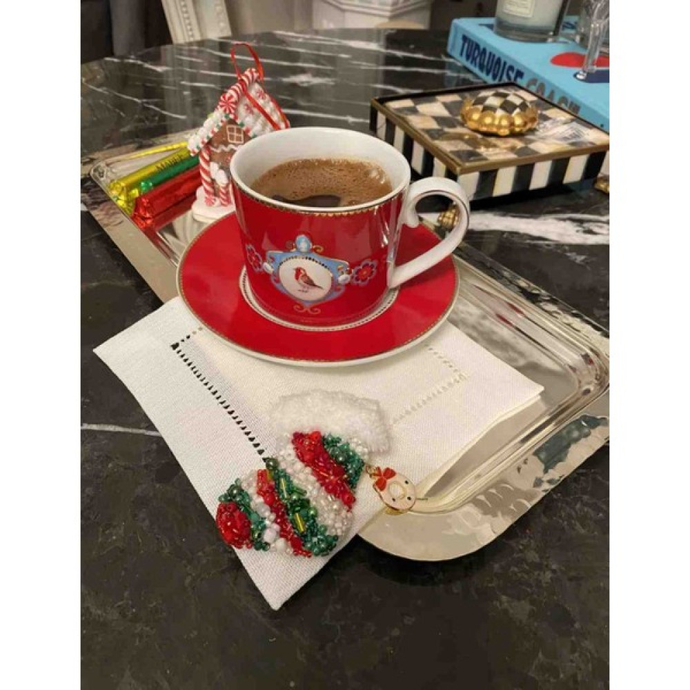 Hatice Sakallı Kristal Taşlı Yılbaşı Temalı Kahve Yanı Sunum Pecetesi - 14 x 14 cm - Beyaz Masa Örtüsü Fiyatı