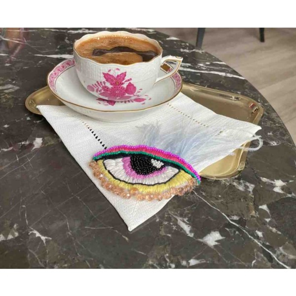 Hatice Sakallı Nakış ve Boncuk Işlemeli Kahve Yanı Sunum Peçetesi - 14 x 14 cm - Beyaz Masa Örtüsü Fiyatı