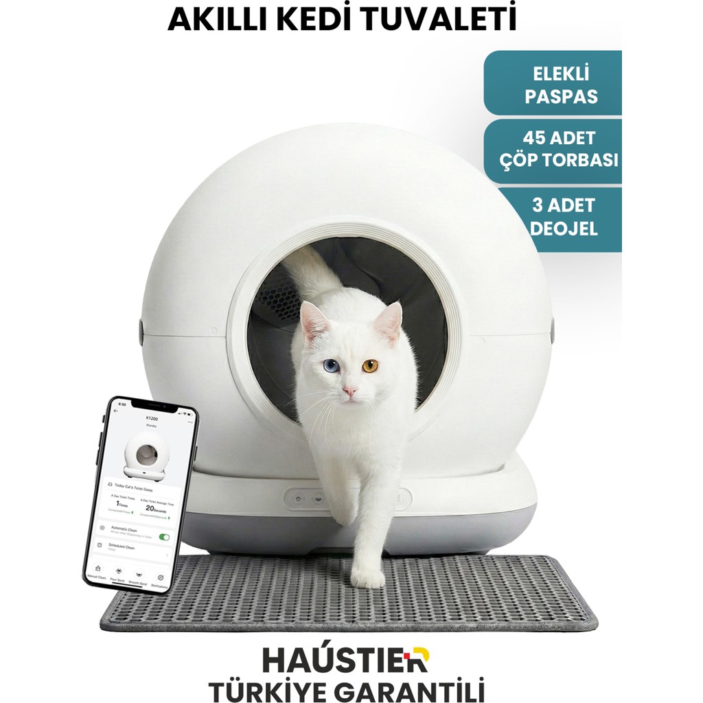 Haustier CB001 Akıllı Otomatik Kedi Tuvaleti, APP ile Kontrol, 75lt İç Hazne, 7lt Çöp Haznesi - Gri Evcil Hayvan Ürünleri Fiyatı