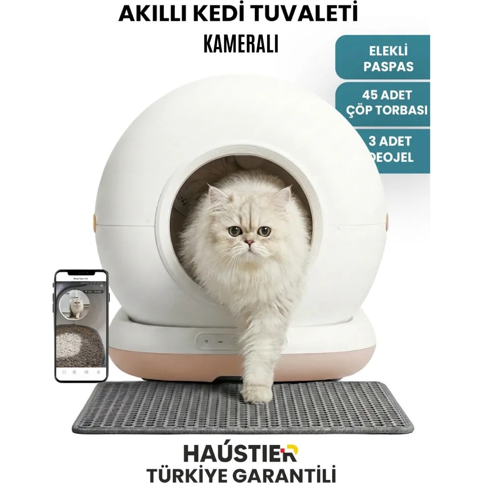 Haustier CB002 Bej Kameralı Akıllı Otomatik Kedi Tuvaleti, App ile Uzaktan Kontrol, 72LT Hazne, 7lt Çöp Haznesi - Beyaz - Bej Evcil Hayvan Ürünleri Fiyatı