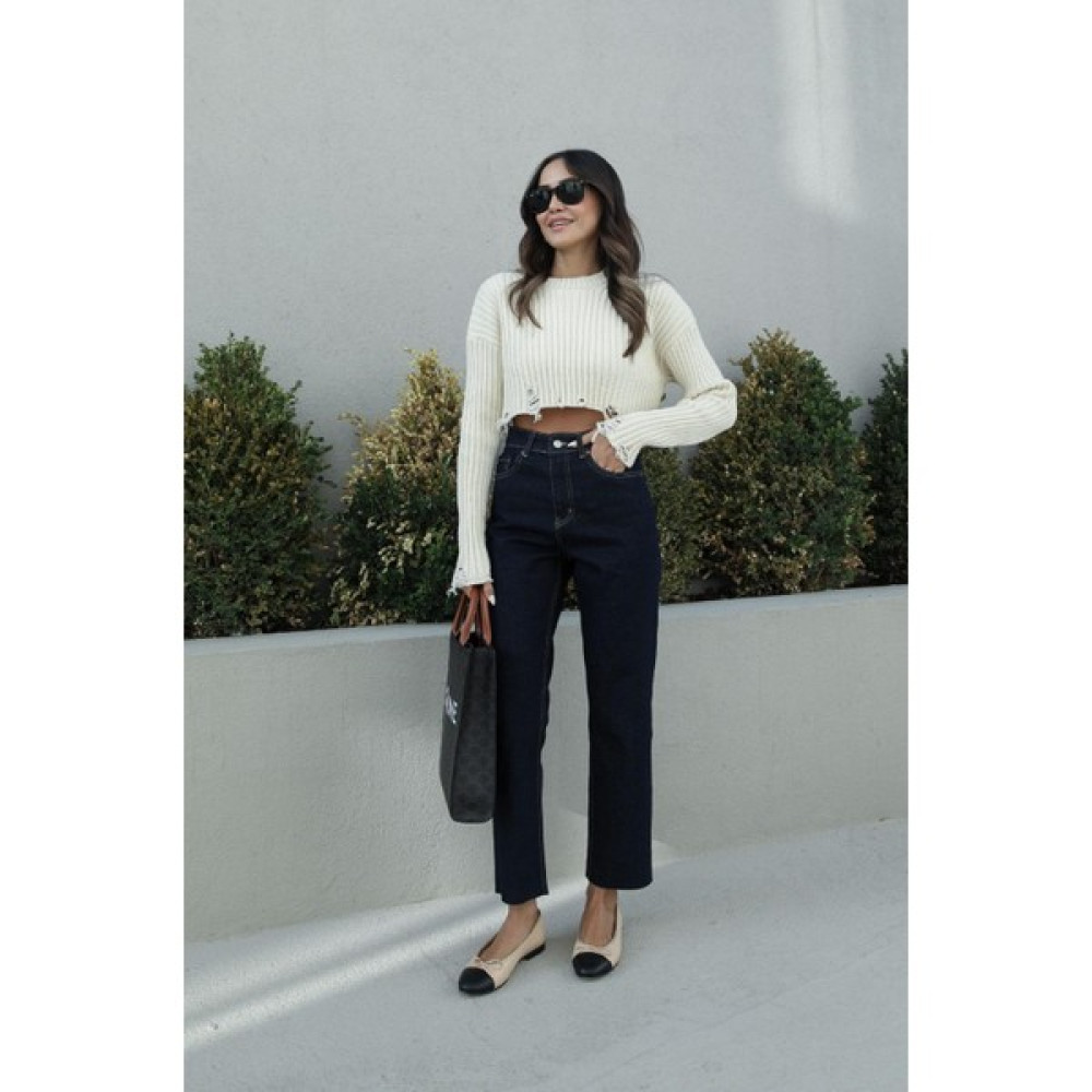Havoş Koyu Lacivert Kesik Paça Jean Bayan Jeans / Kot Pantolon Fiyatı