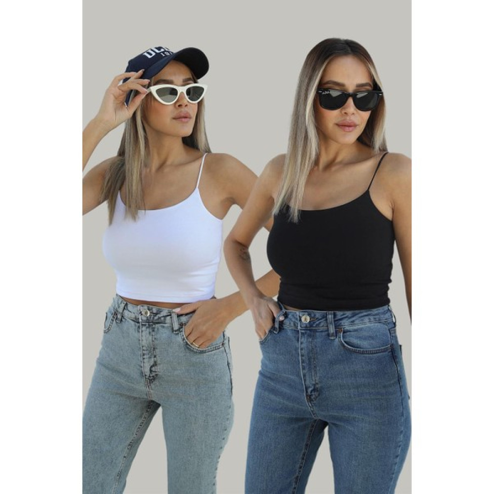Havoş Siyah Beyaz Ip Askılı Basic 2'li Crop Bluz Fiyatı