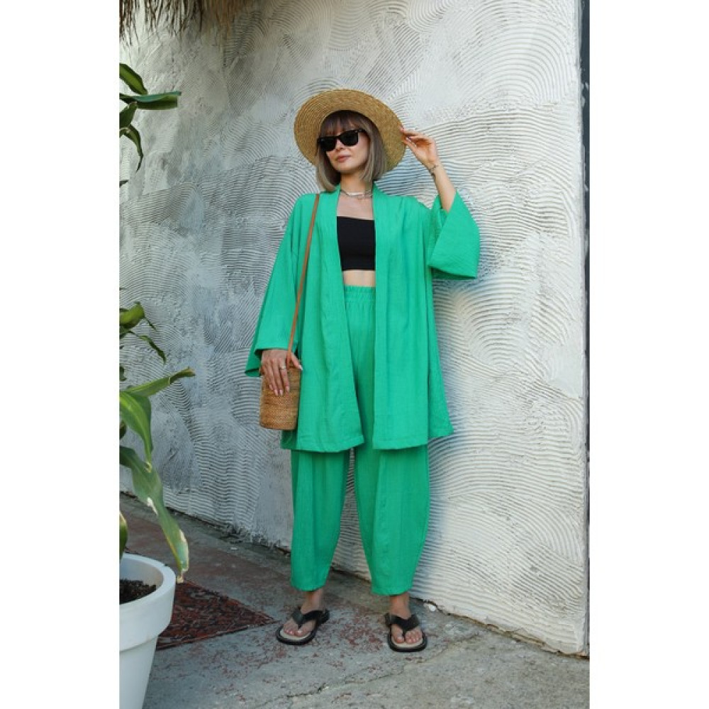 Havoş Yeşil Pantolon Kimono Gofre Takım Elbise Fiyatı