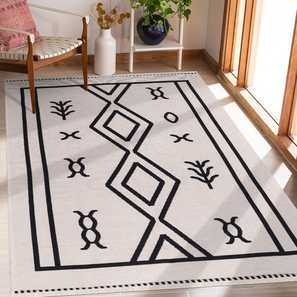 Havvana Home Kaymaz Taban Çamaşır Makinesinde Yıkanabilir Bej Rengi Pamuklu Halı Kilim - 160 x 230 cm - Krem - Siyah Kilim Fiyatı