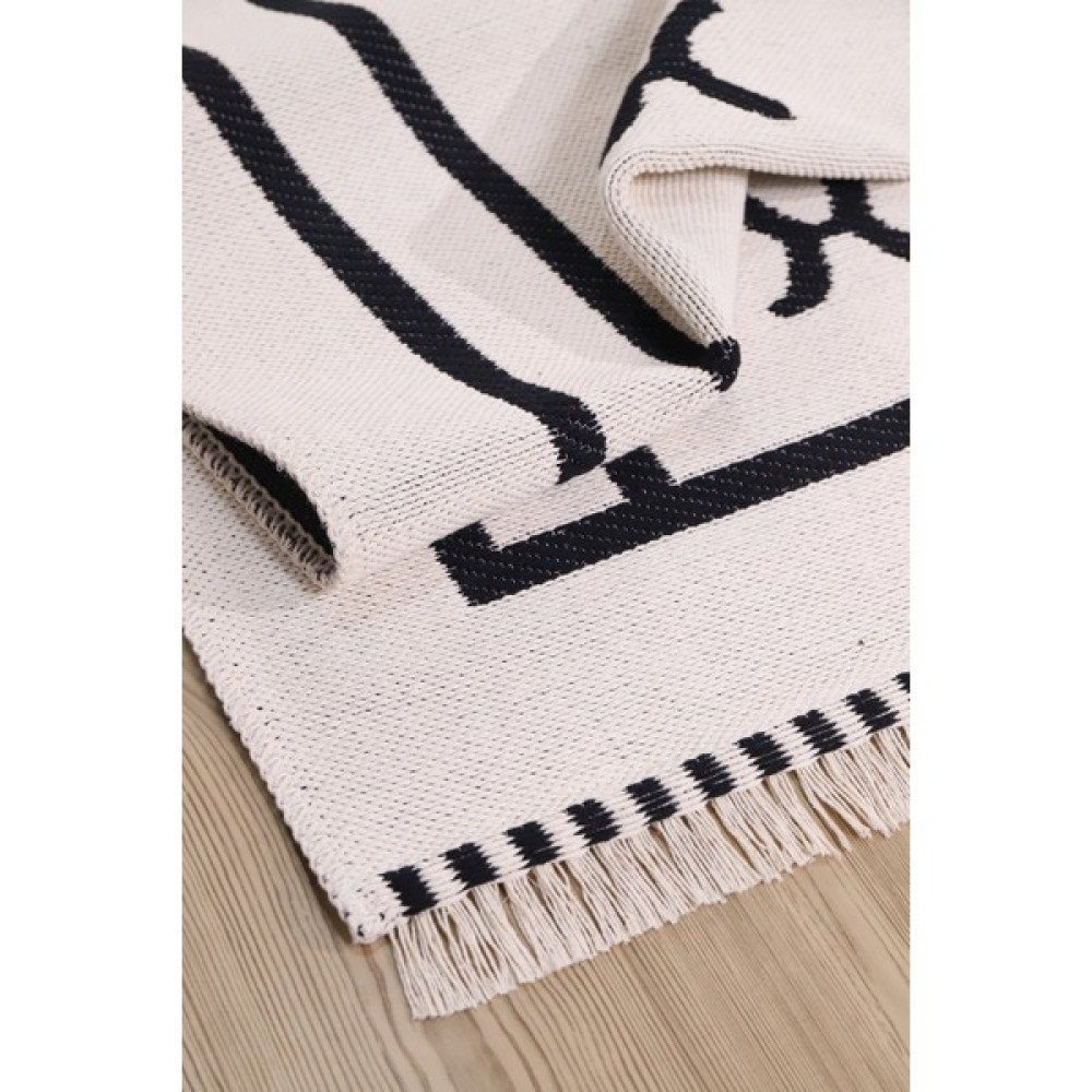 Havvana Home Kaymaz Taban Pamuklu Çamaşır Makinesinde Yıkanabilir Halı Kilim - 120 x 180 cm - Krem - Siyah Kilim Fiyatı