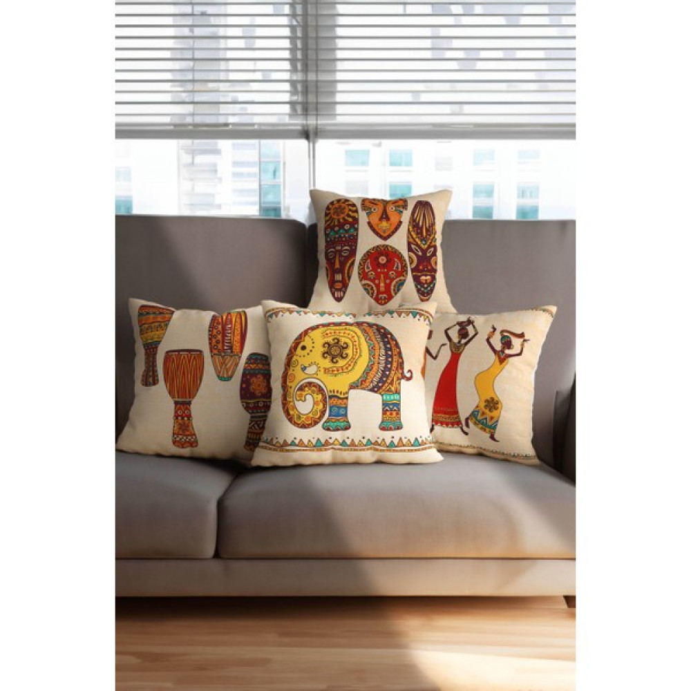 Hayal Dekoratif Afrika Temalı Kırmızı Sarı Renklerde 4'lü Dijital Baskılı Hediyelik Koltuk Kırlent Yastık Kılıfları - 43 x 43 cm - Krem Kırlent / Mobilya Yastığı Fiyatı