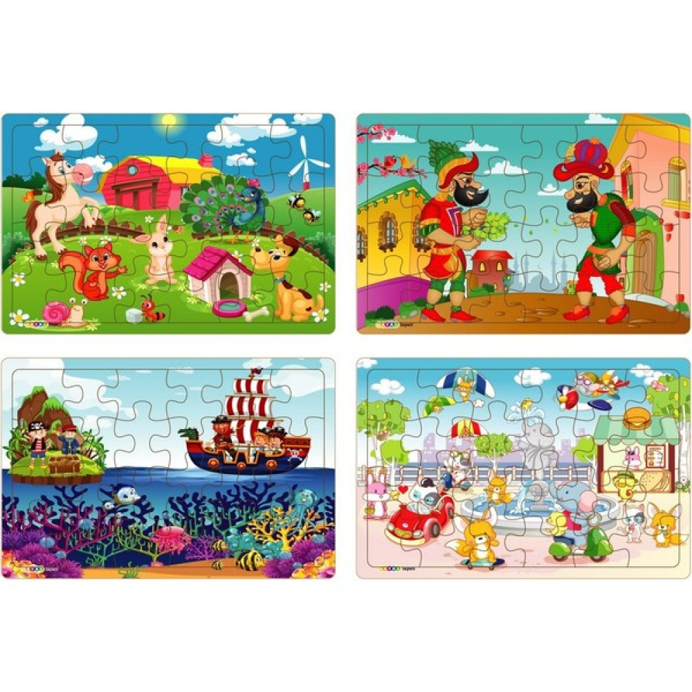 Hayal Yeni 4 Adet 24 Parçalı Ahşap Puzzle Yapboz Sevimli Dostlar, Karagöz, Korsanlar, Parkta Hayvanlar Puzzle & Aksesuarları Fiyatı