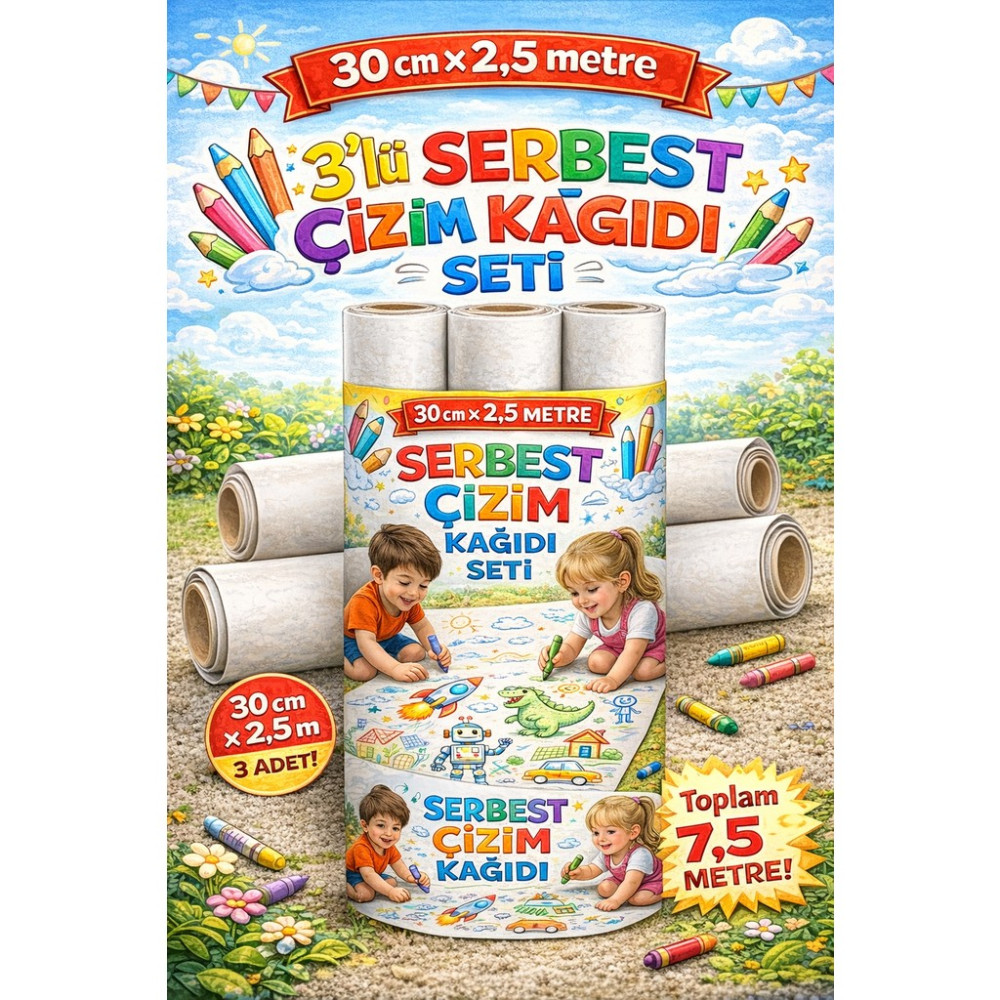 Haydi Dekor 3’lü Serbest Çizim Rulosu Seti ✏️ 30 cm x 2.5 Metre Dev Çizim Kağıdı | Toplam 7.5 Metre Boş Çizim Rulosu Diğer Fiyatı