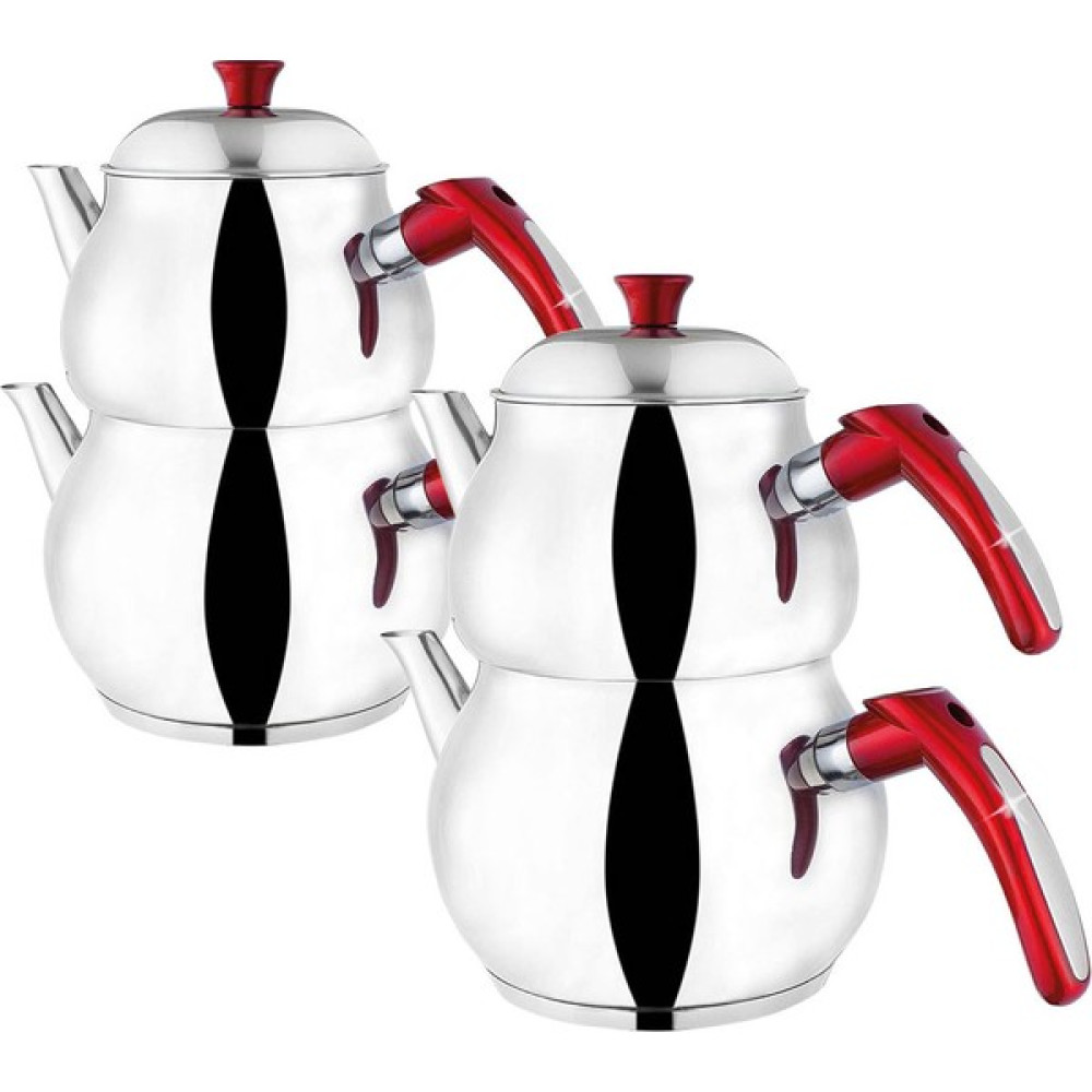 Hazar Pazar Çaydanlık Çelik Kırmızı Kulplu Mini Boy Toplam 2,05 Litre Çift Kapak - Hediyeli Çay / Çaydanlık Setleri Fiyatı