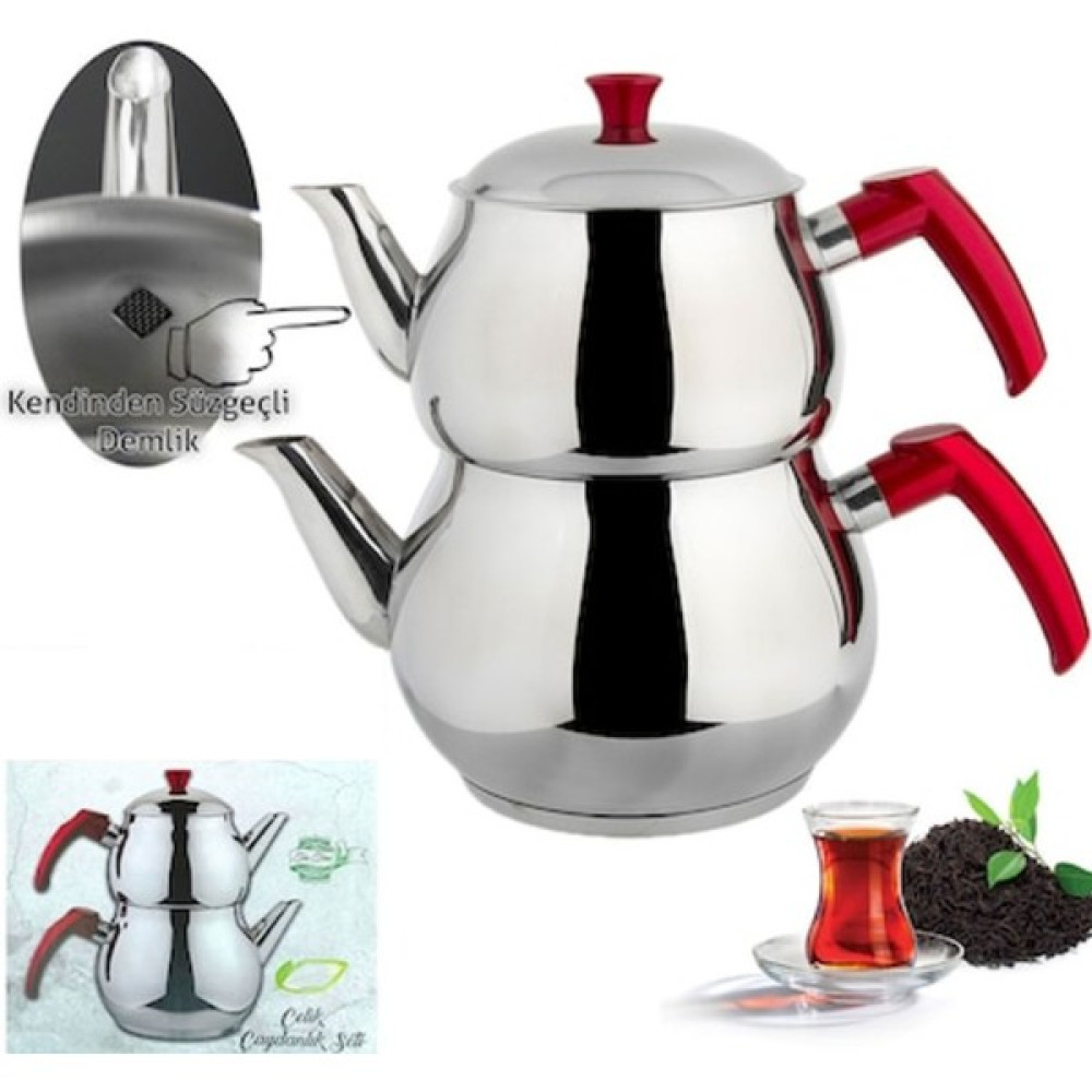 Hazar Pazar Çelik Çaydanlık Kırmızı Kulp Süzgeçli Demlik Aile Boy Çay / Çaydanlık Setleri Fiyatı