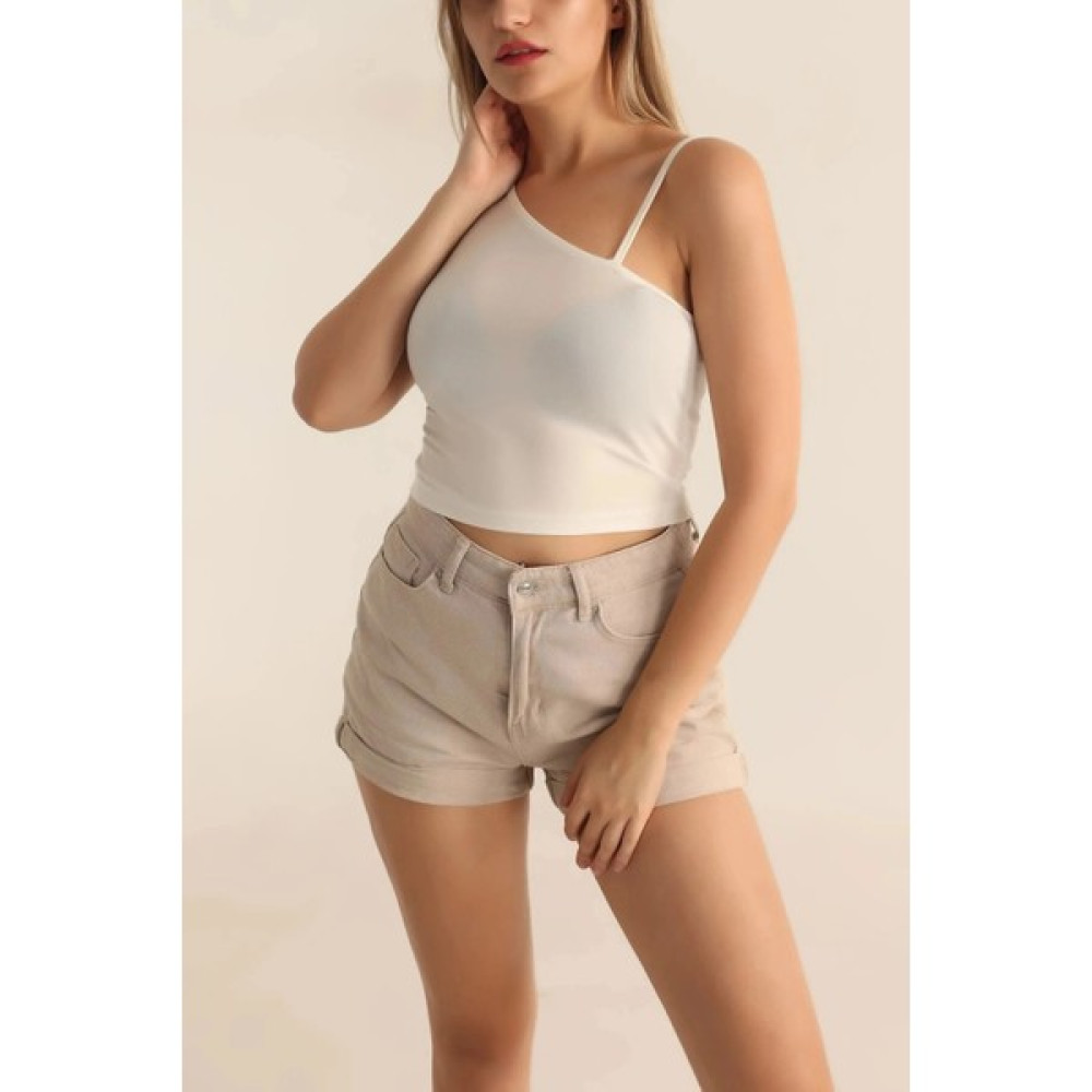 Hazelin Kadın Beyaz Askılı Tek Omuz Likralı Crop Bluz HZL23S-SND120171 Bluz Fiyatı