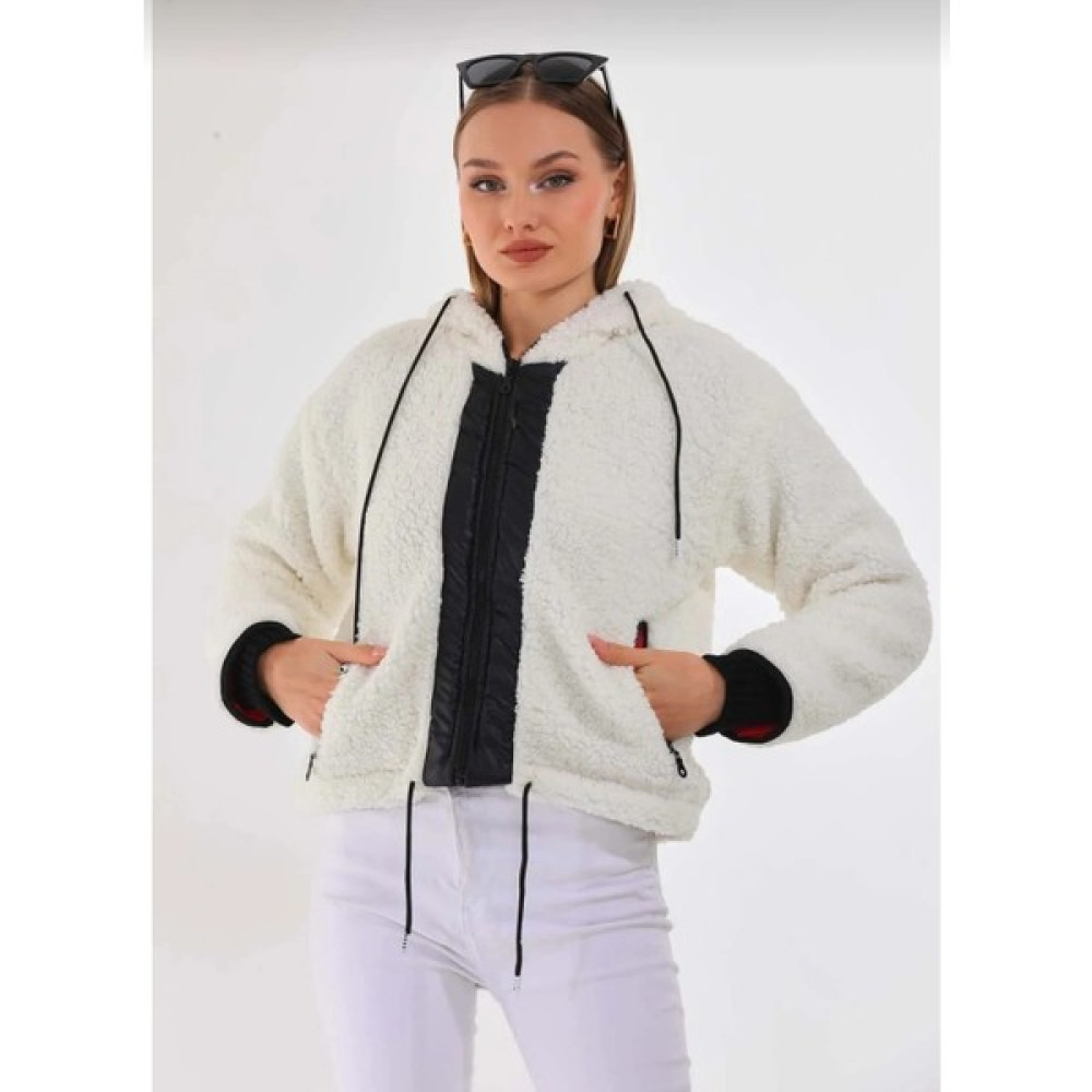 Hazelin Kadın Beyaz Çift Cepli Fermuarlı Içi Saten Astarlı Rahat Suni Kürklü Peluş Ceket HZL24W-BD129391 Bayan Ceket Fiyatı