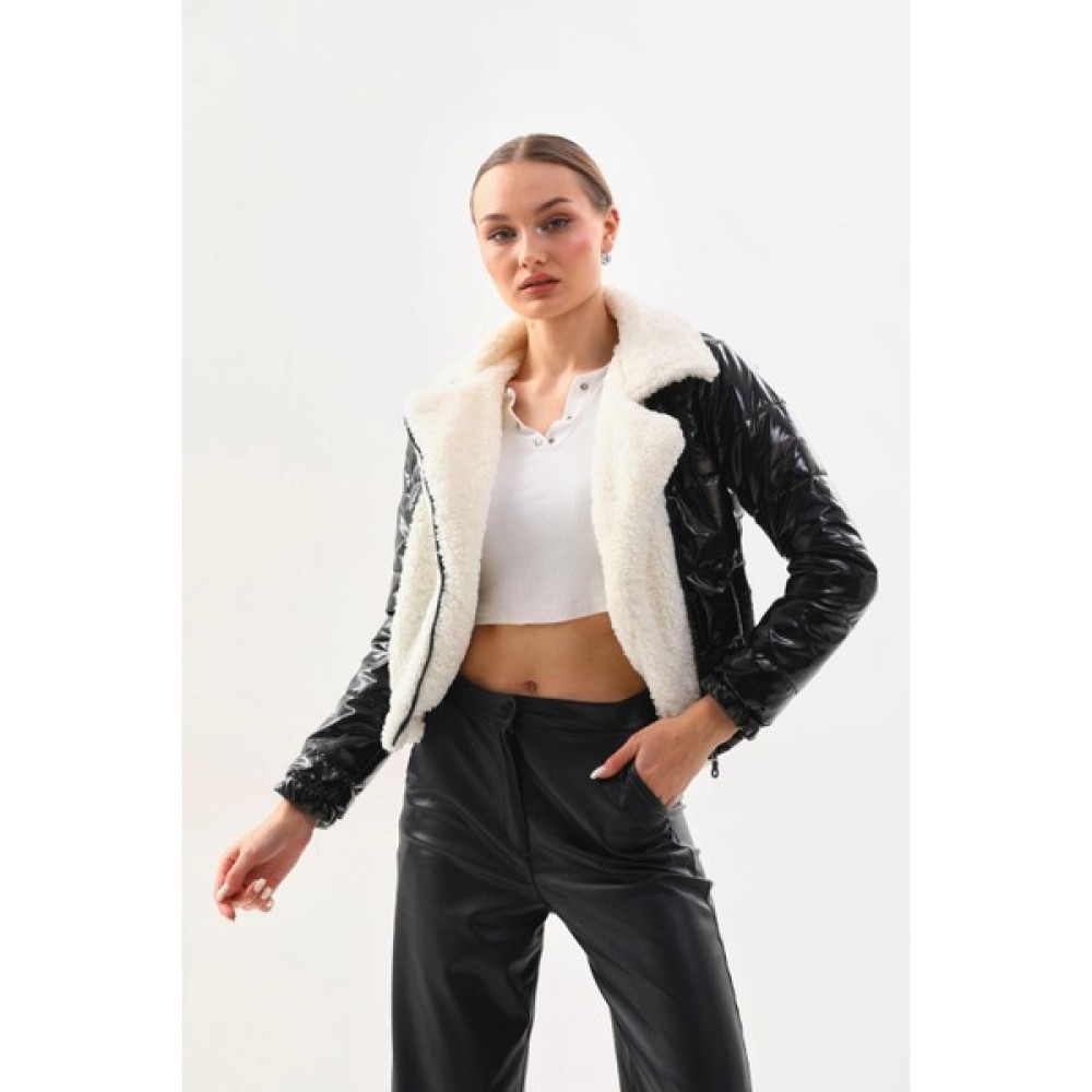 Hazelin Kadın Beyaz Siyah Rugan Yandan Içi Astarlı Beli Lastikli Crop Peluş Detaylı Ceket HZL24W-BRC129381 Bayan Ceket Fiyatı