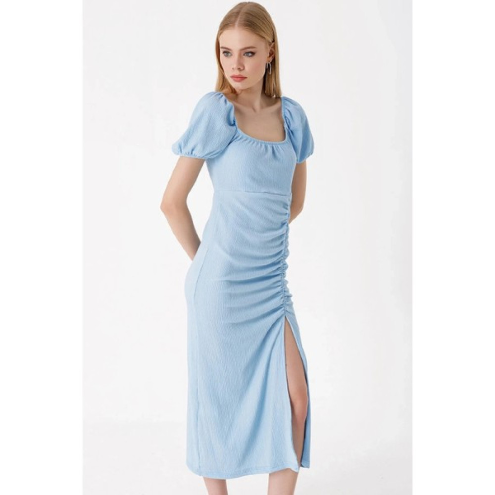 Hazelin Kadın Buz Mavi Yırtmaçlı Yazlık Örme Elbise HZL23S-BD123961 Elbise Fiyatı