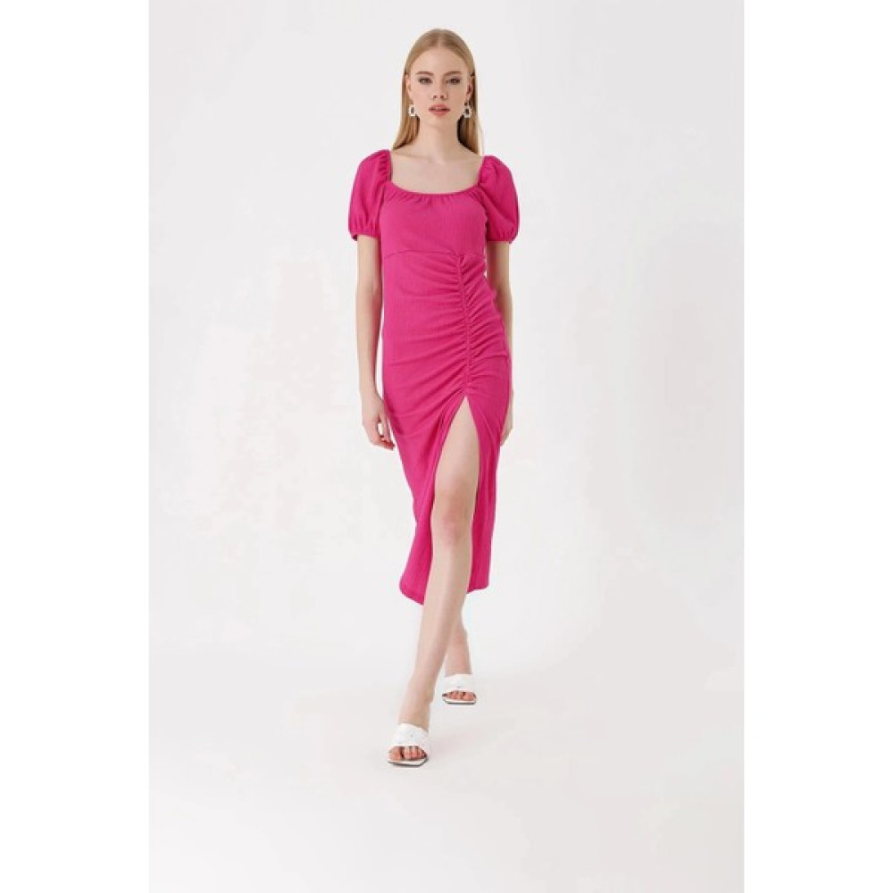 Hazelin Kadın Fuşya Yırtmaçlı Yazlık Örme Elbise HZL23S-BD123961 Elbise Fiyatı