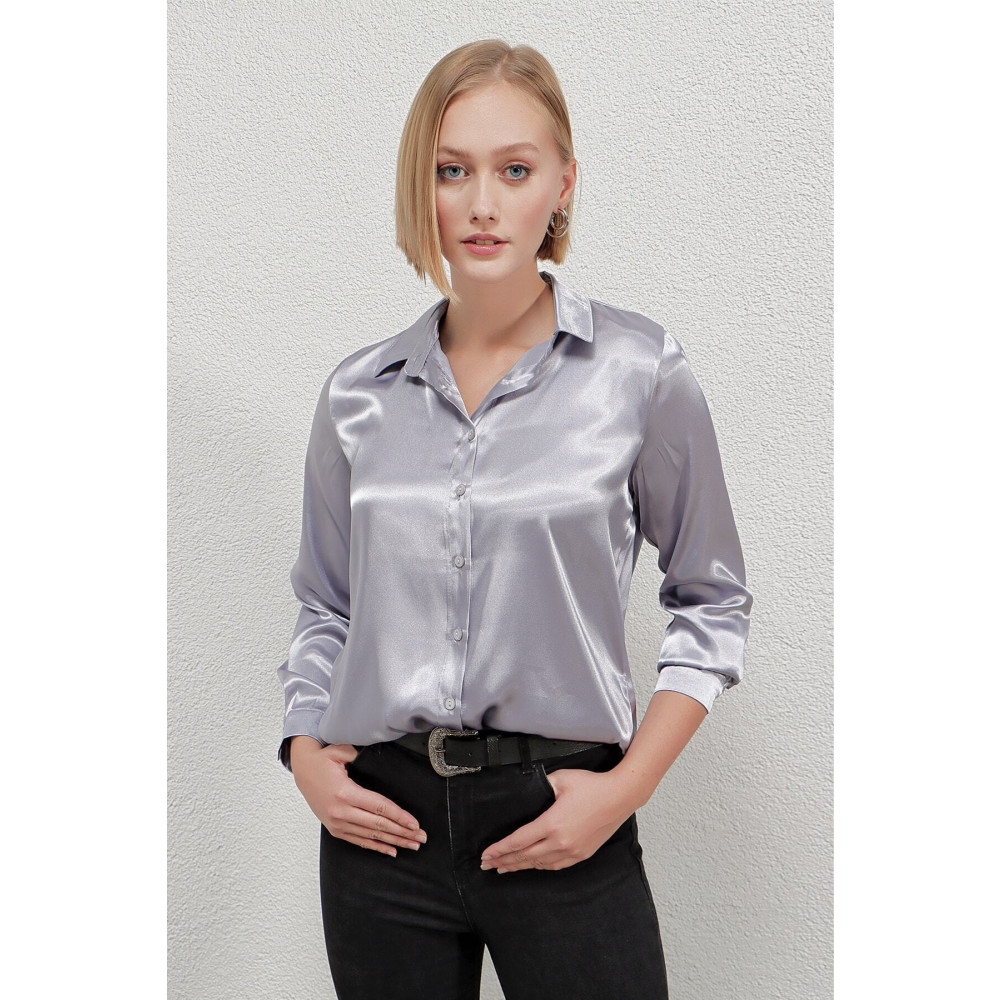 hazelin Kadın Gri Hafif Dökümlü Saten Yüzeyli Gömlek Hzl22w-bd139641 48 Beden Kadın Gömlek Fiyatı