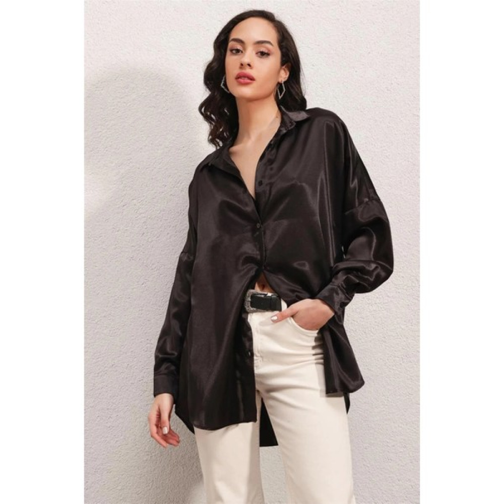 Hazelin Kadın Siyah Oversize Dökümlü Saten Yüzeyli Gömlek HZL23S-BD139851 Kadın Gömlek Fiyatı