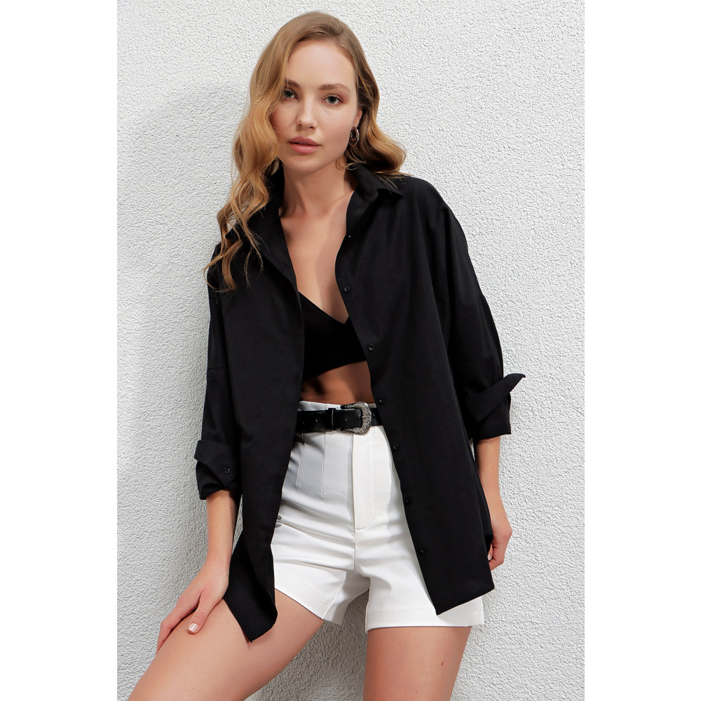 hazelin Kadın Siyah Oversize Uzun Basic Gömlek Hzl22w-bd139001 38 Beden Kadın Gömlek Fiyatı
