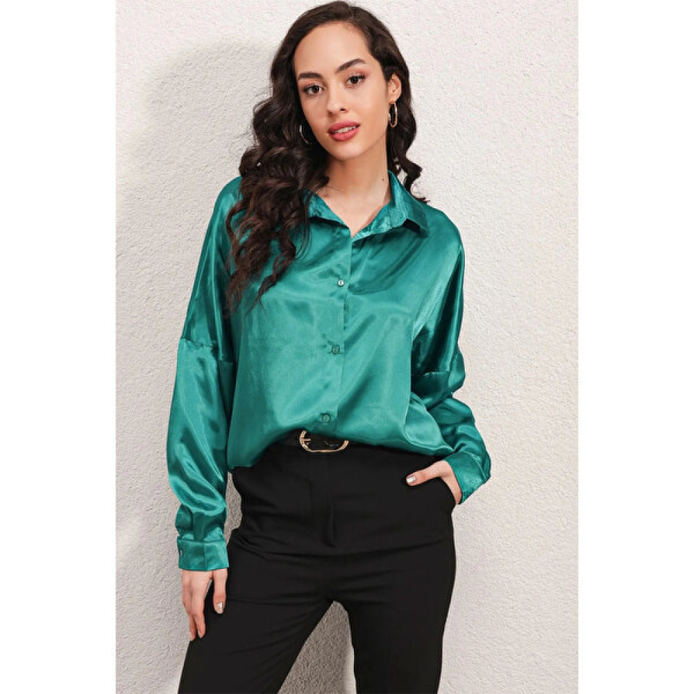 Hazelin Kadın Yeşil Oversize Dökümlü Saten Yüzeyli Gömlek HZL23S-BD139851 Kadın Gömlek Fiyatı