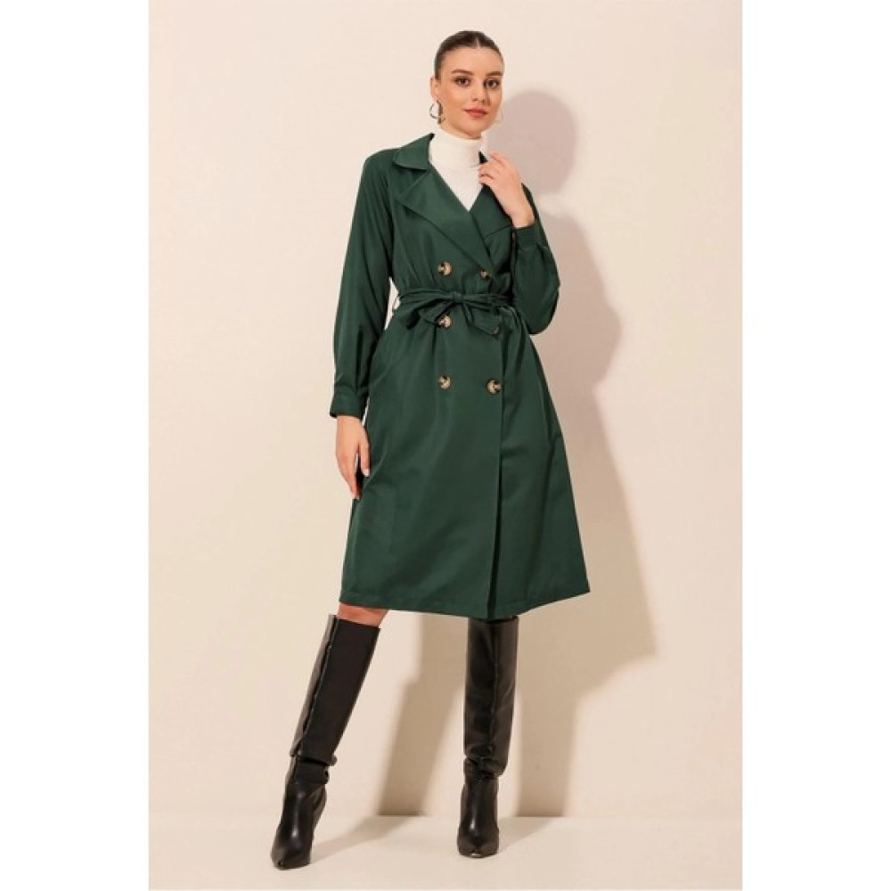 Hazelin Kadın Zümrüt Kruvaze Yaka Kemerli Astarsız Mevsimlik Rahat Trençkot HZL22S-BD158531 Kadın Trençkot Fiyatı