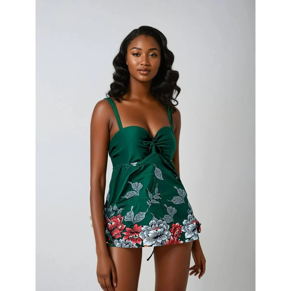 Hazelin Kadın Zümrüt Yeşili Çiçek Desenli Elbise Model Slipli Tankini %82 Polyamid 50 Beden HZL24S-LC4009 Tankini Fiyatı