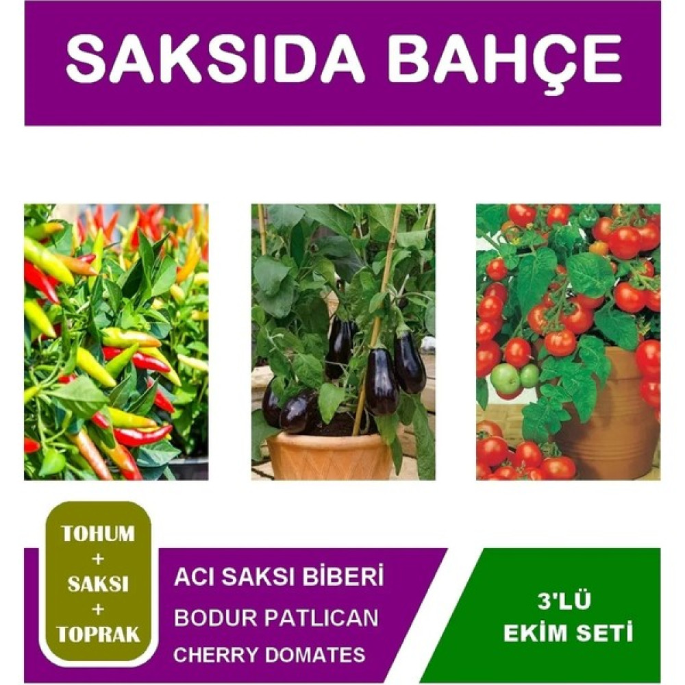 Hb Botanic Acı Saksı Biberi, Bodur Patlıcan, Cherry Domates Ekim Seti - Tohumlar + 3 Saksı + 3 Toprak Set - 1 Adet Tohum Fiyatı