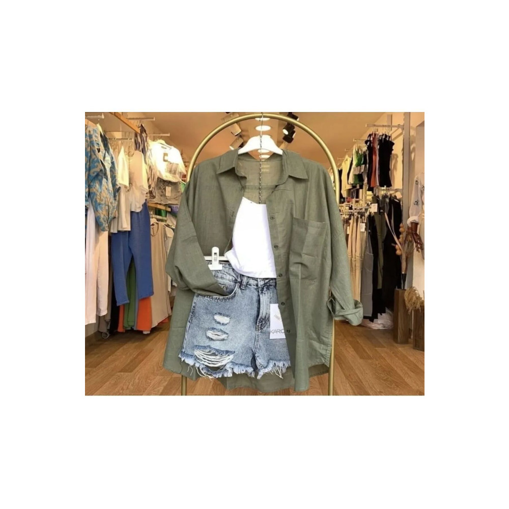 HC Boutique Büyük Tek Cepli Oversize Keten Gömlek Standart Beden Kadın Gömlek Fiyatı