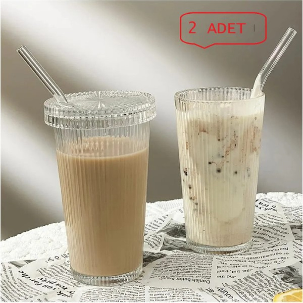 HCB Ticaret 2 Adet 400 ml Cam Kapaklı Pipetli Origami Stil Cam Bardak | Kahve ve Sunum Bardağı| Meşrubat Bardağı Fincan / Bardak / Kahve Takımı Fiyatı