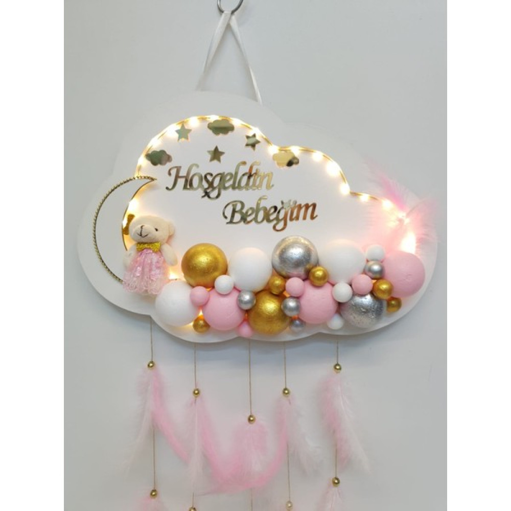 HD Different Kapı Süsü Ledli Bubble Ayıcıklı Ahşap Bulut Pano Bebek Kapı Süsü Fiyatı