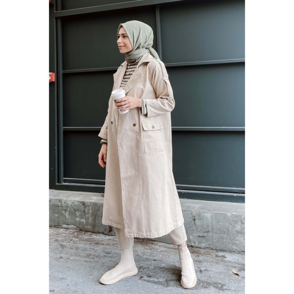 HE-QA Denim Trençkot Uzun Bej Kadın Trençkot Fiyatı