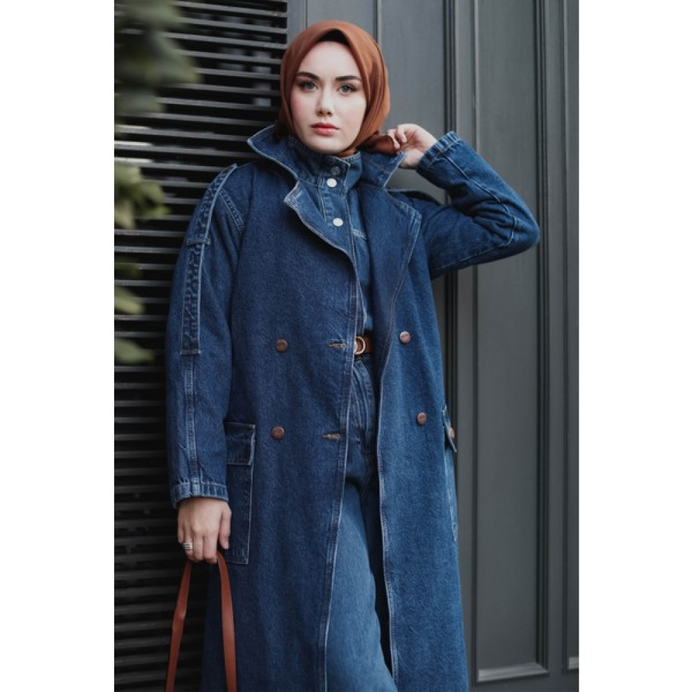 HE-QA Denim Trençkot Uzun Mavi Kadın Trençkot Fiyatı