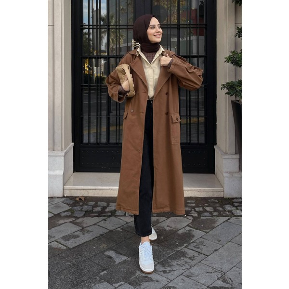 HE-QA Denim Trençkot Uzun Taba Kadın Trençkot Fiyatı