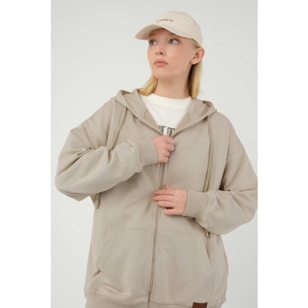 HE-QA Fermuarlı Oversize Sweatshirt Taş Bayan Sweatshirt Fiyatı