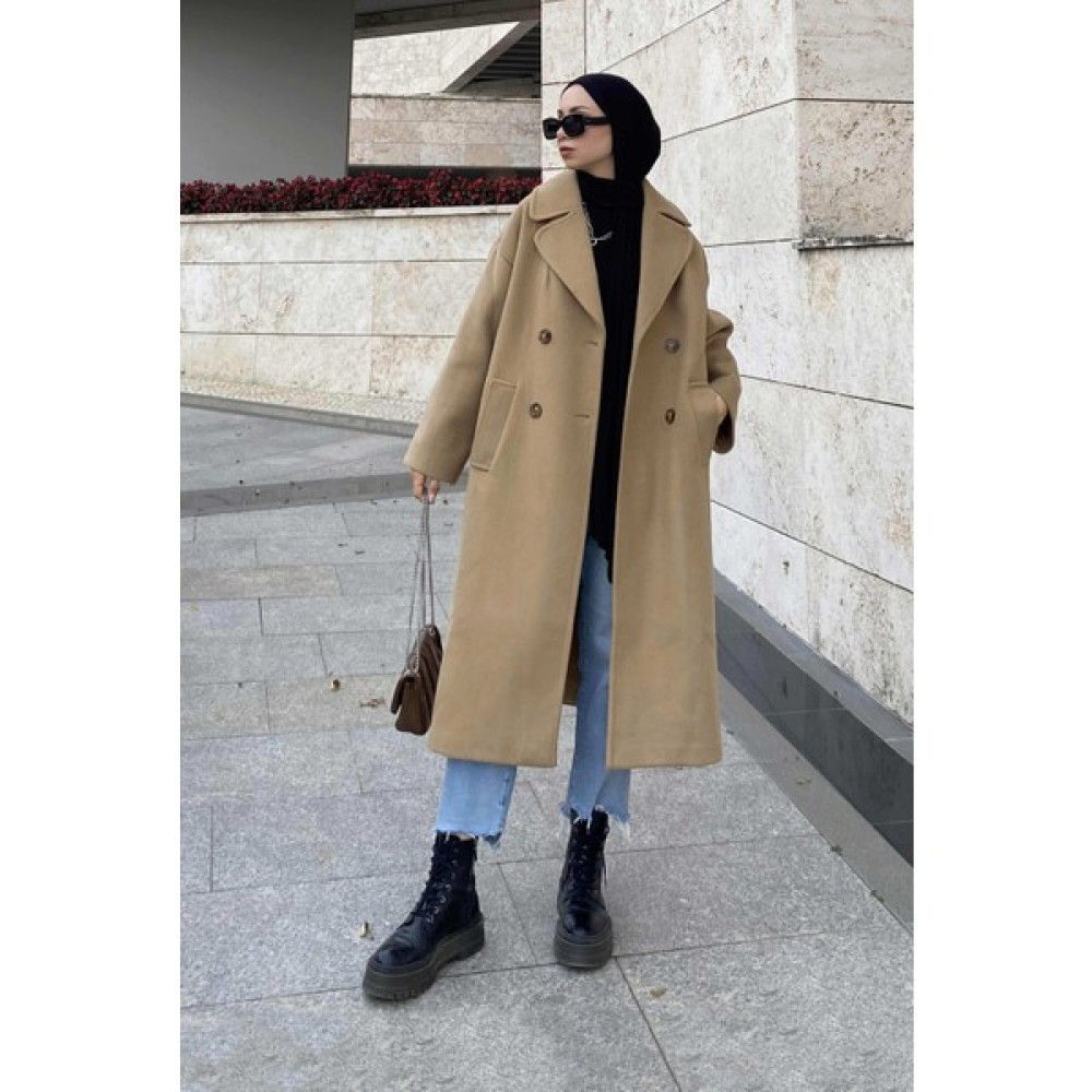 HE-QA Kruvaze Düğmeli Kaşe Kaban Camel Kadın Kaban Fiyatı