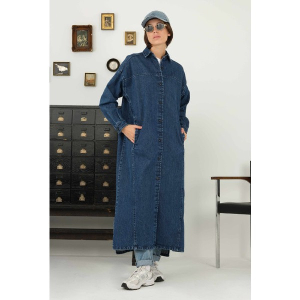 HE-QA Parçalı Denim Ceket Uzun Mavi Bayan Ceket Fiyatı